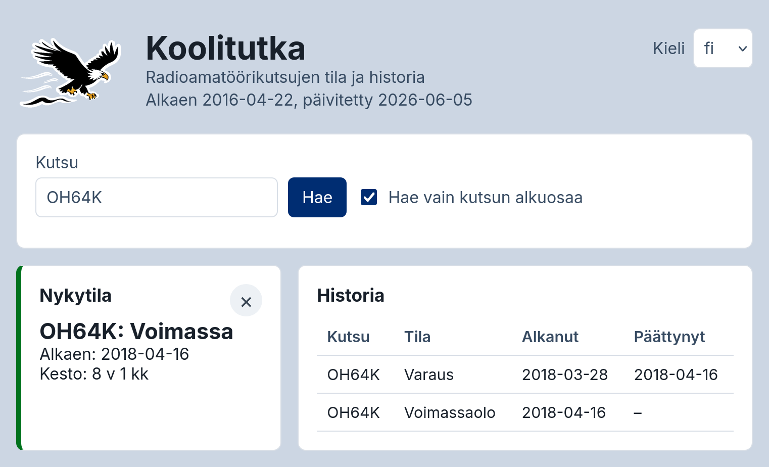 Koolitutkan käyttöliittymä Koolitutka-ruutukaappaus